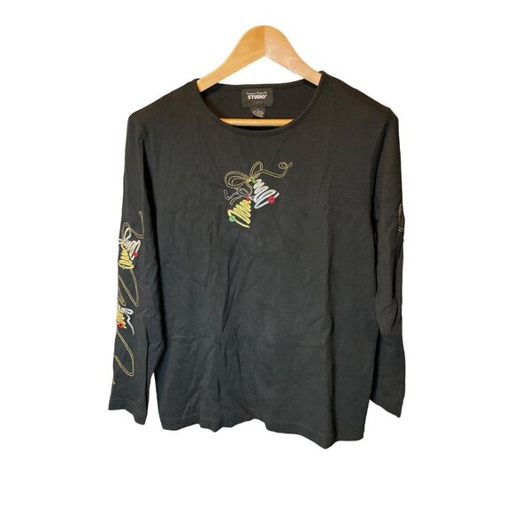 Designers Studio Black Holiday Bells Embroidered T Shirt Sz L - Picture 1 of 8